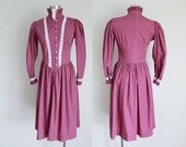 1970s Dark Mauve Puff Sleeve Prairie Dress Gunne Sax Style Small