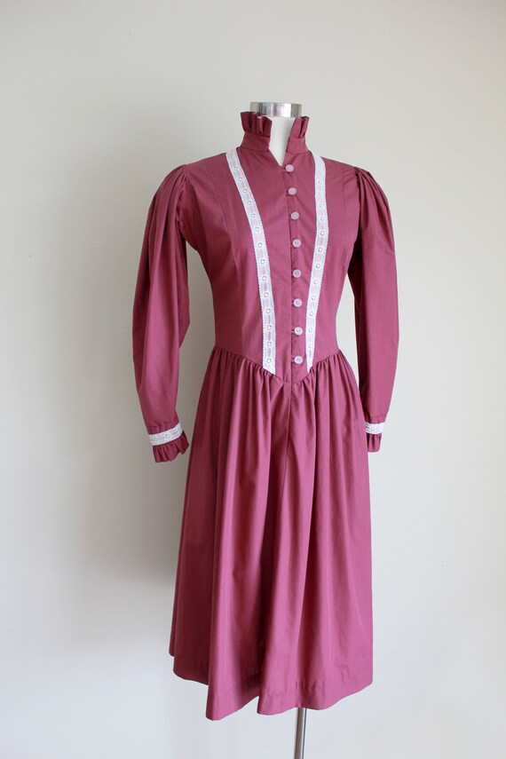 1970s Dark Mauve Puff Sleeve Prairie Dress | Gunn… - image 3