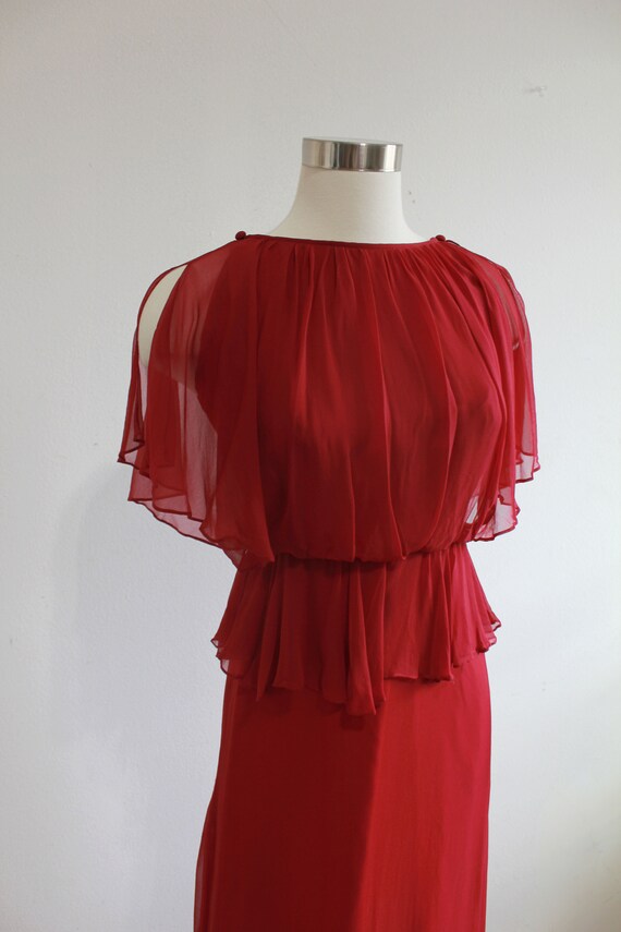 1970s Cranberry Red Grecian Flutter Gown | Small - image 8