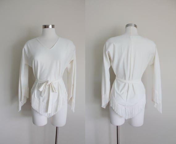 1970s White Fringed Blouse by Teena Paige | Small