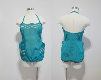 1950s Teal Green Scalloped Patch Pocket Swimsuit by Jantzen | Medium/Large