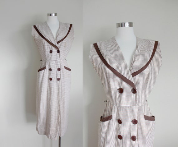 1950s Brown Striped Seersucker Sailor Dress | Stri