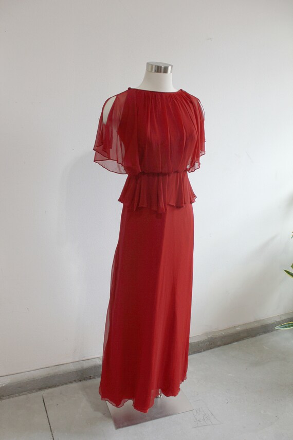 1970s Cranberry Red Grecian Flutter Gown | Small - image 3