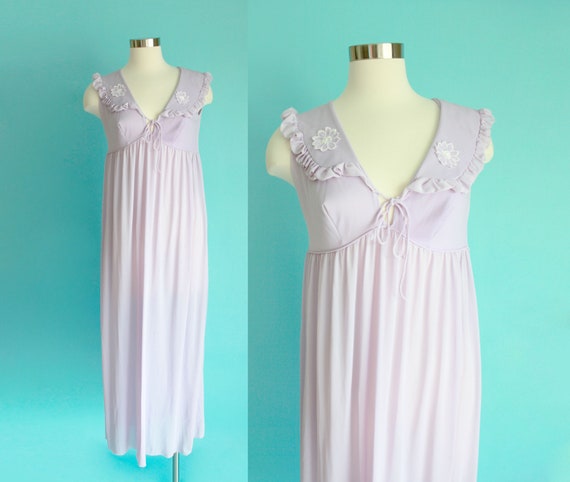 1960s Lilac Daisy Embroidered Nylon Nightgown | S… - image 1