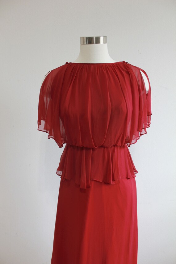 1970s Cranberry Red Grecian Flutter Gown | Small - image 5