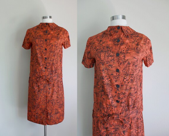 1950s Two Piece Novelty Print Asian Dress | 26" in