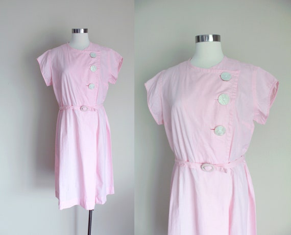 1950s Pink Gingham Big Pearl Buttons Dress | 34" i