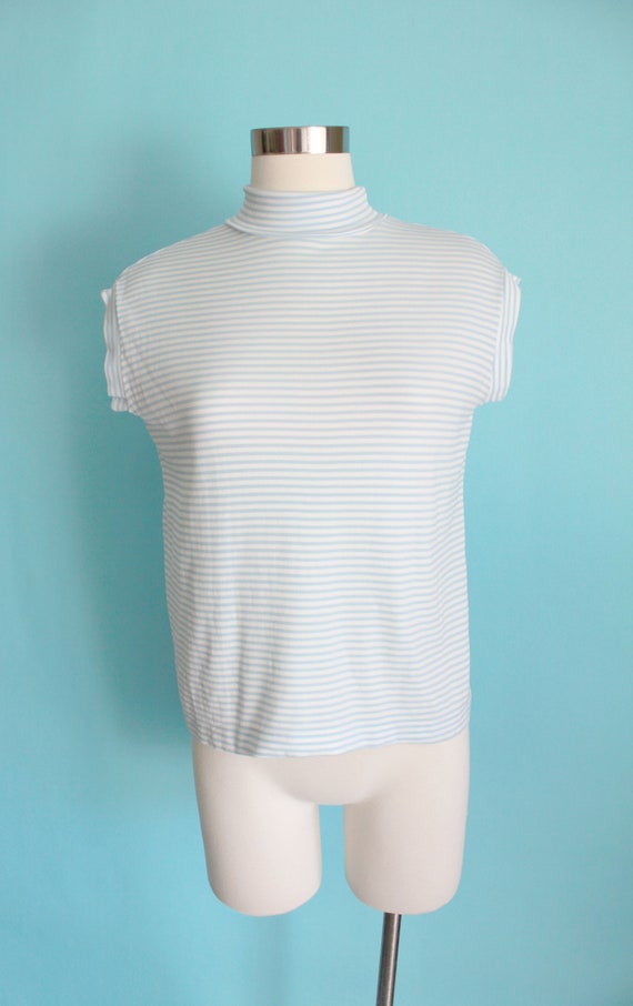 1960s Blue Striped Turtleneck Tank by Eatons | Si… - image 2