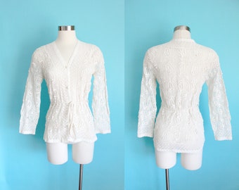 1970s Off White Crochet Lace Cardigan | Small