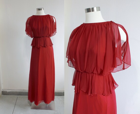1970s Cranberry Red Grecian Flutter Gown | Small - image 1