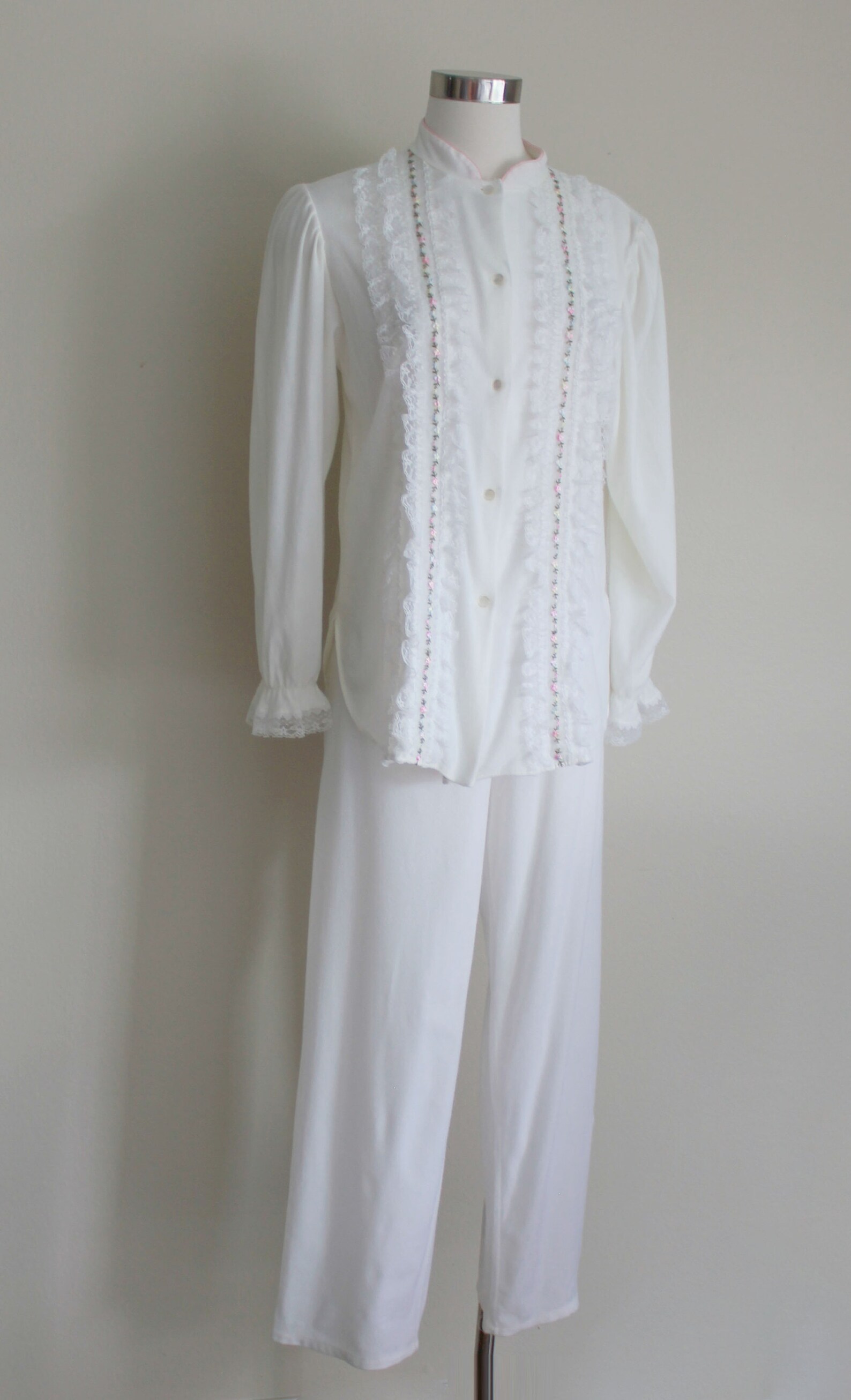 1970s Blue Pajama Set with White Lace Trim main image 0