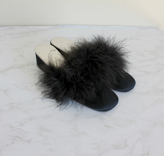1950s Black Feather Trim Boudoir Slippers | Size 5