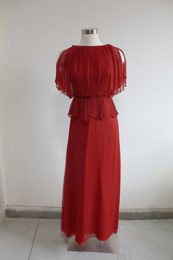 1970s Cranberry Red Grecian Flutter Gown | Small - image 2