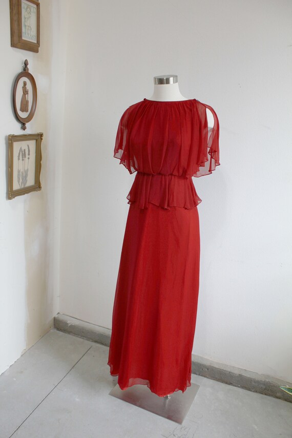 1970s Cranberry Red Grecian Flutter Gown | Small - image 4