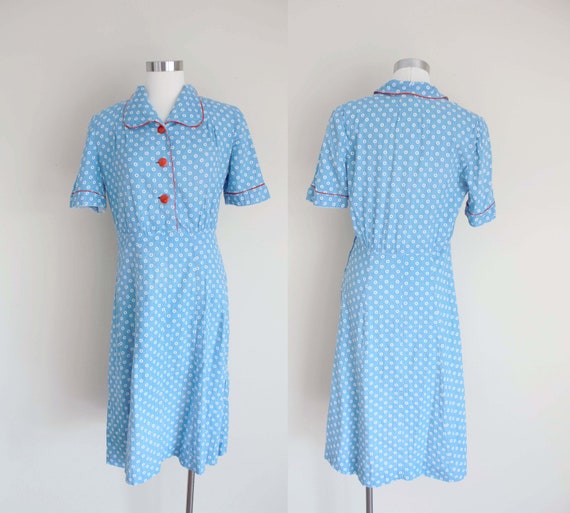 1940s Chambray Polka Dot Dress | 30" inch waist