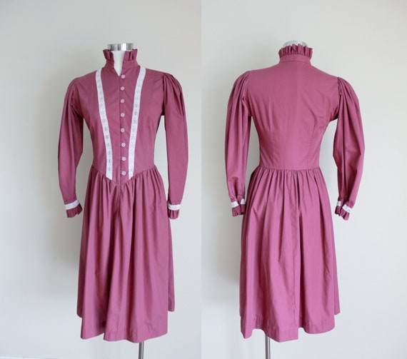 1970s Dark Mauve Puff Sleeve Prairie Dress | Gunn… - image 1