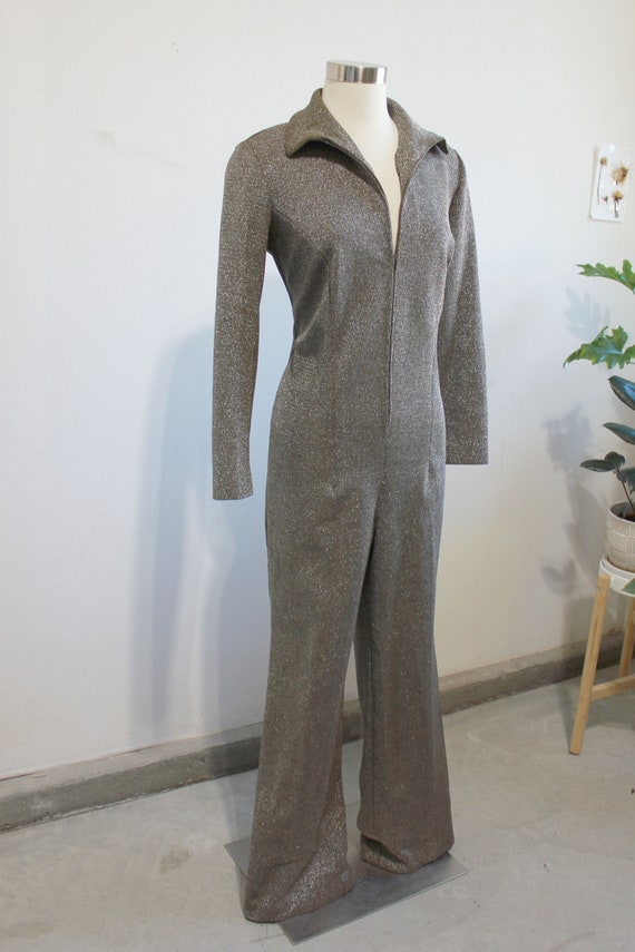 1960s Metallic Gold Knit Zip Front Jumpsuit by Bu… - image 3