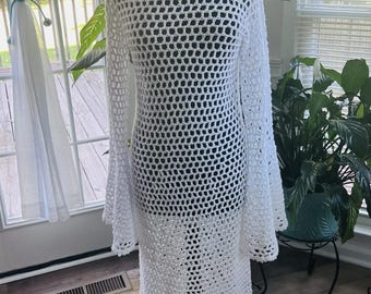 Bell Sleeved Crocheted Beach/Pool Side Evening Cover Up w/Detachable Hip Wrap