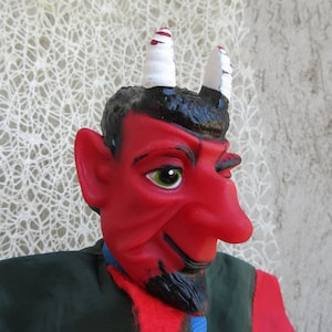 Vintage duivel witte hoorns handpop Satan handschoen hel demon karakter theater Abaddon Lucifer