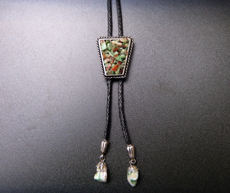 Bolo Tie Stone Chips Natural Rockabilly Hand Made Western Trapeze Shape Country