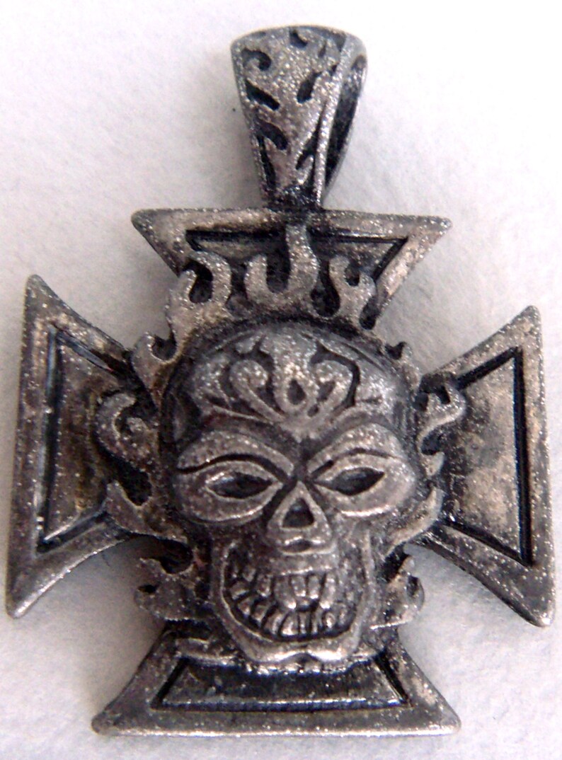 Bikers Pewter Pendant Iron Cross & Flaming Skull Charm Etsy