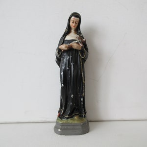 Statue Santa Rita of Cascia Plaster St. Figurine Patron Saint of the Impossible, Edition Crucifix & Rose and Stigma Face,Circa 1920s, 8&quot;,#24