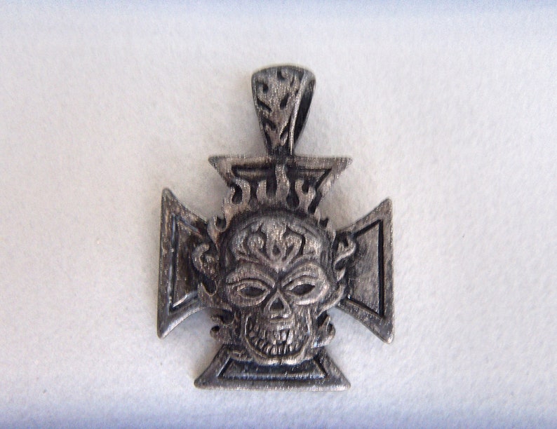 Bikers Pewter Pendant Iron Cross & Flaming Skull Charm Etsy