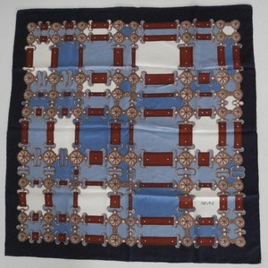 SEVINI Silk Scarf, Stunning  Blue Palette&Strap Victorian Era Belt, Hand Rolled Edges, Vintage Chic from 80&#39;s.