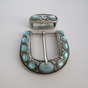 Vintage BERGE Silvery Buckle & Keeper, Jeweled Belt Buckle, Curved Convex Shape image 7