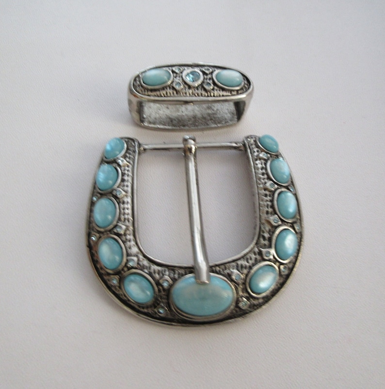 Vintage BERGE Silvery Buckle & Keeper, Jeweled Belt Buckle, Curved Convex Shape image 7