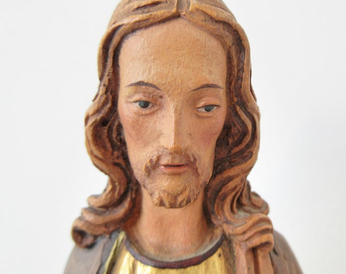 1950s ANRI Wood Carved Statue Sacred Heart of Jesus, Gold Leaf Colors, Vintage Italian Religious