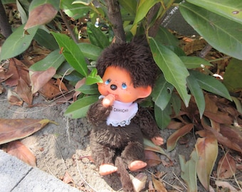 Vintage Monchhichi Brown Blue Eye Thumb Pacifier Plush Stuffed Toy