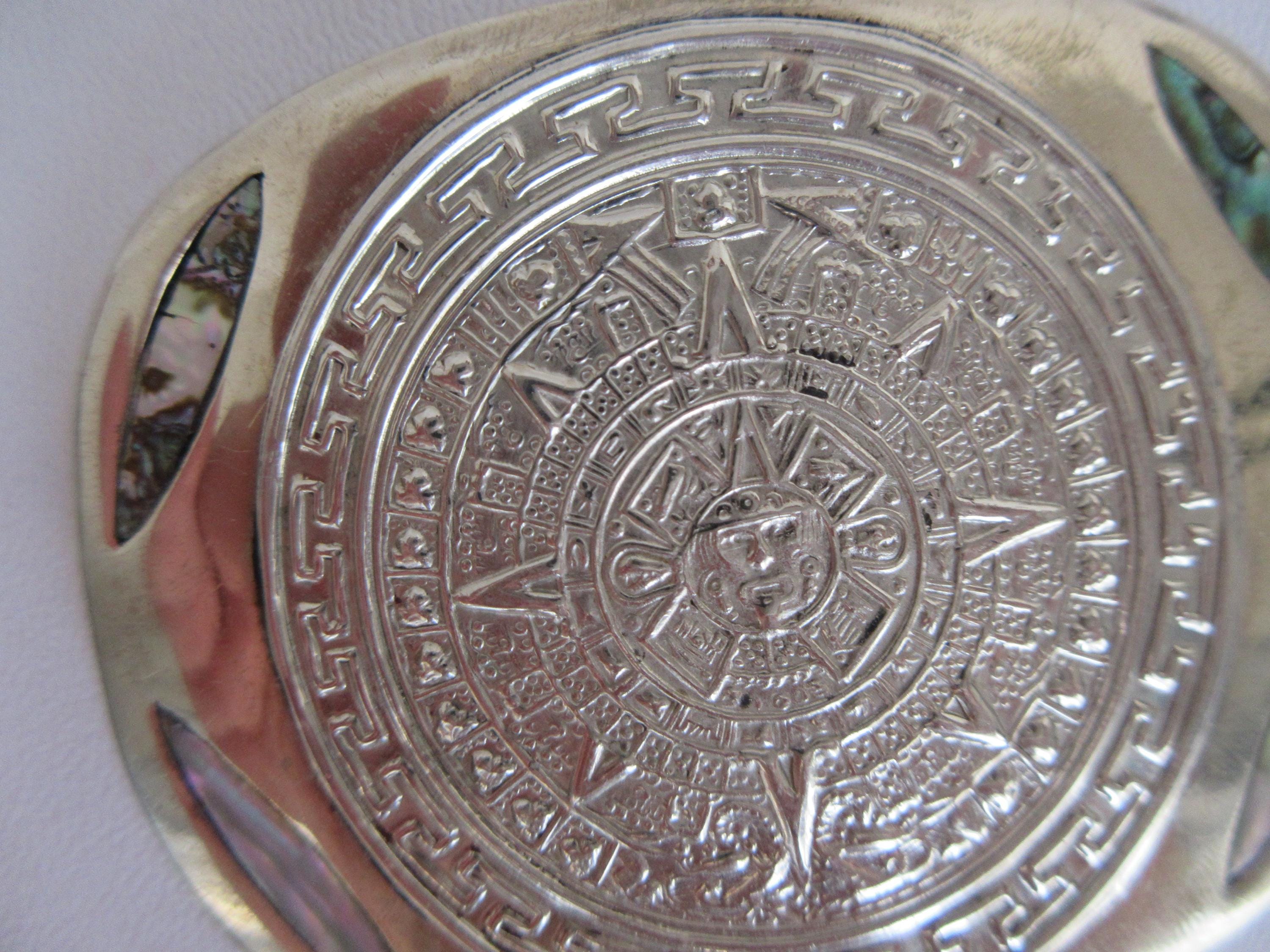 Vintage Aztec Mayan Calendar Belt Buckle: Abalone Inlay  display picture 2