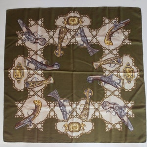Vintage BELLOTTI Silk Scarf, Antique Muskets, Green Twill Silk Square, Hand Rolled Edges, Pistols Pattern Weapons