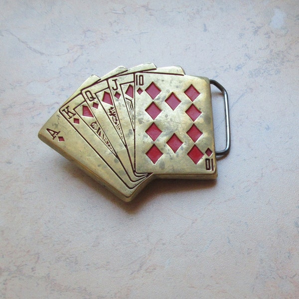 1978s Baron Buckle Buckle aus massivem Messing Poker Lucky Hand ROYAL FLUSH Diamanten Spielkarten Gürtelschnalle Glücksspieler Accessoire & Maskottchen