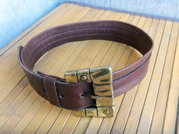 Vintage USMECO Paris Leather Belt: Brutalist Brass Buckle  display picture 1