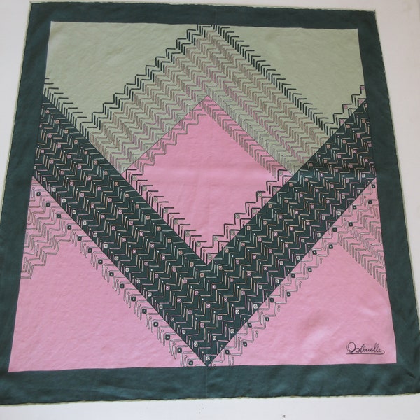 Ostinelli Vintage Silk Neck Scarf, Gavroche Geometric Pattern, Cream Rose & Olive Colors, Italian 70s