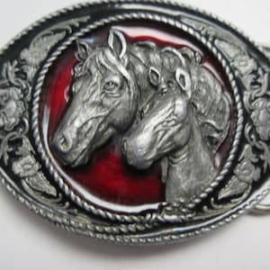 Vintage 1991 Siskiyou Horse Belt Buckle: Pewter Mare & Colt, Enamel Flowers
