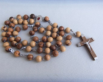 JERUSALEM Catholic Prayer Rosary Beads Olive Wood & Wire Chain, Beads 5 mm.