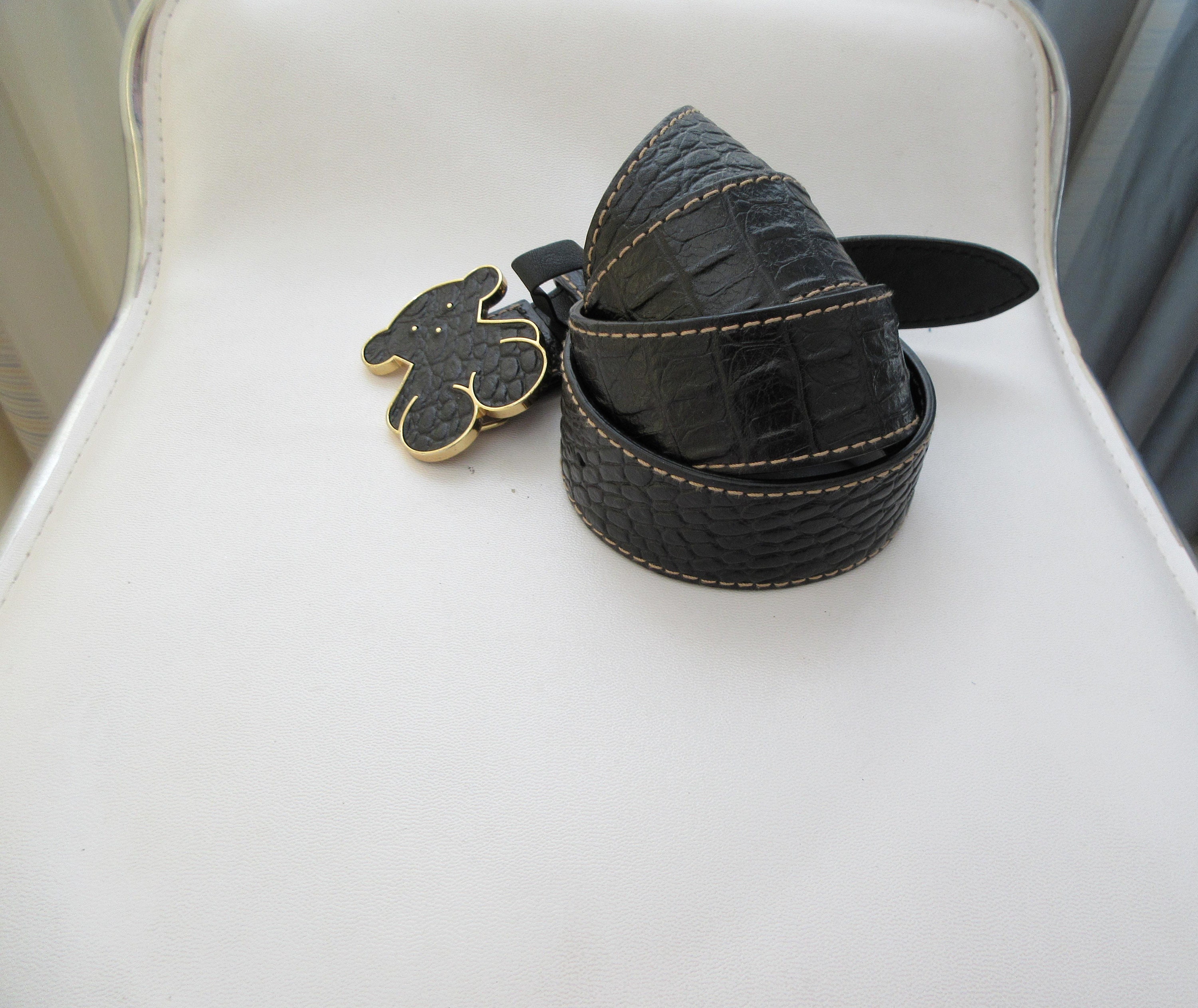 Teddy Bear Leather Belt, Stamped Croc Pattern Leather & Bear Teddy Bear Leather Belt, Stamped Croc Pattern Leather & Bear