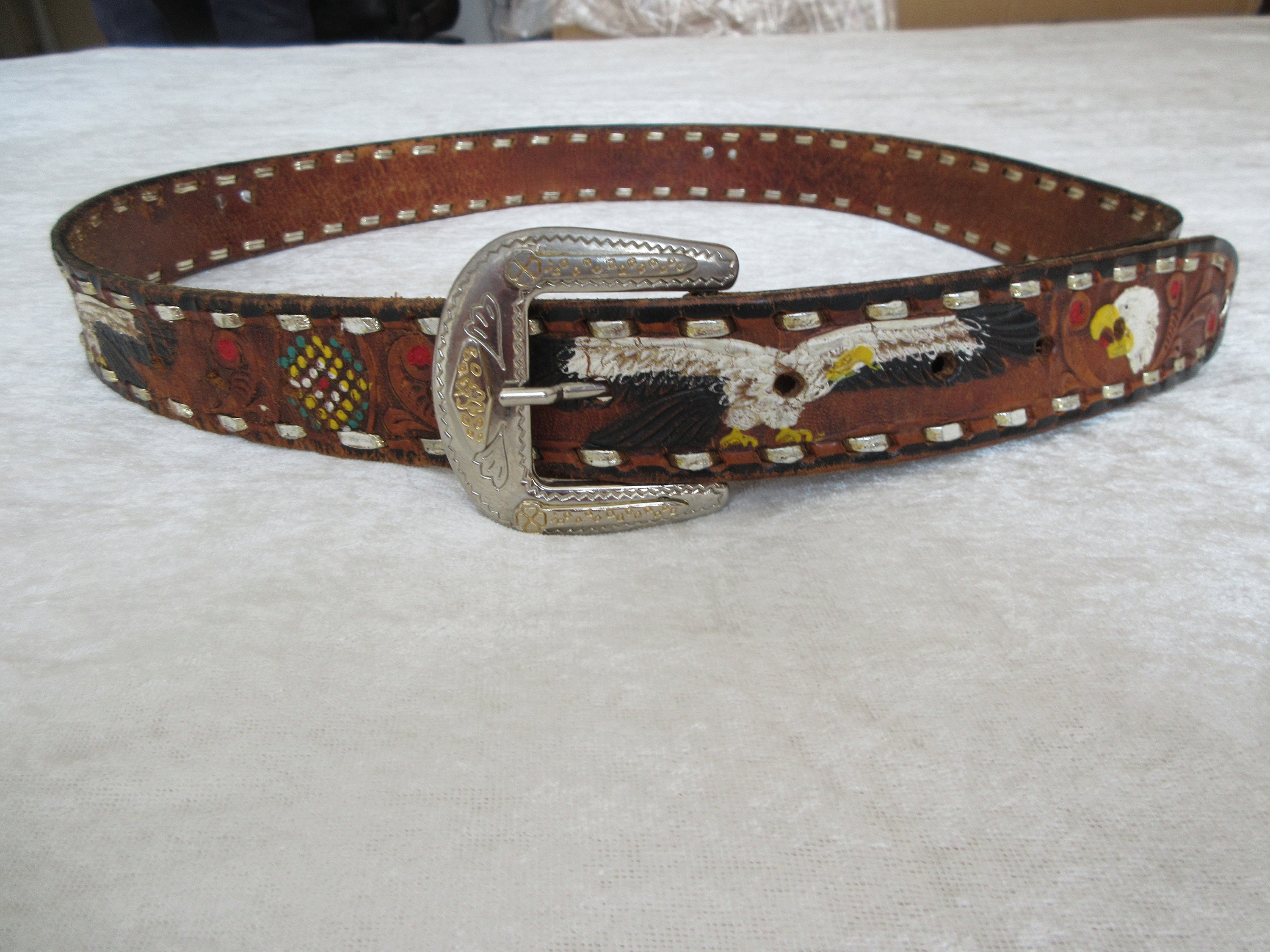 60s CINTOS IMPERIAL Mexican Hand Tooled Painted Belt Eagles - Etsy