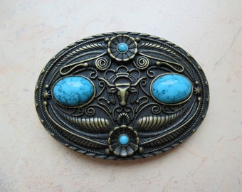 Vintage Longhorn Buckle Oval Brass Belt Buckle & Artificial Turquoises, Cowboy Design Western Style