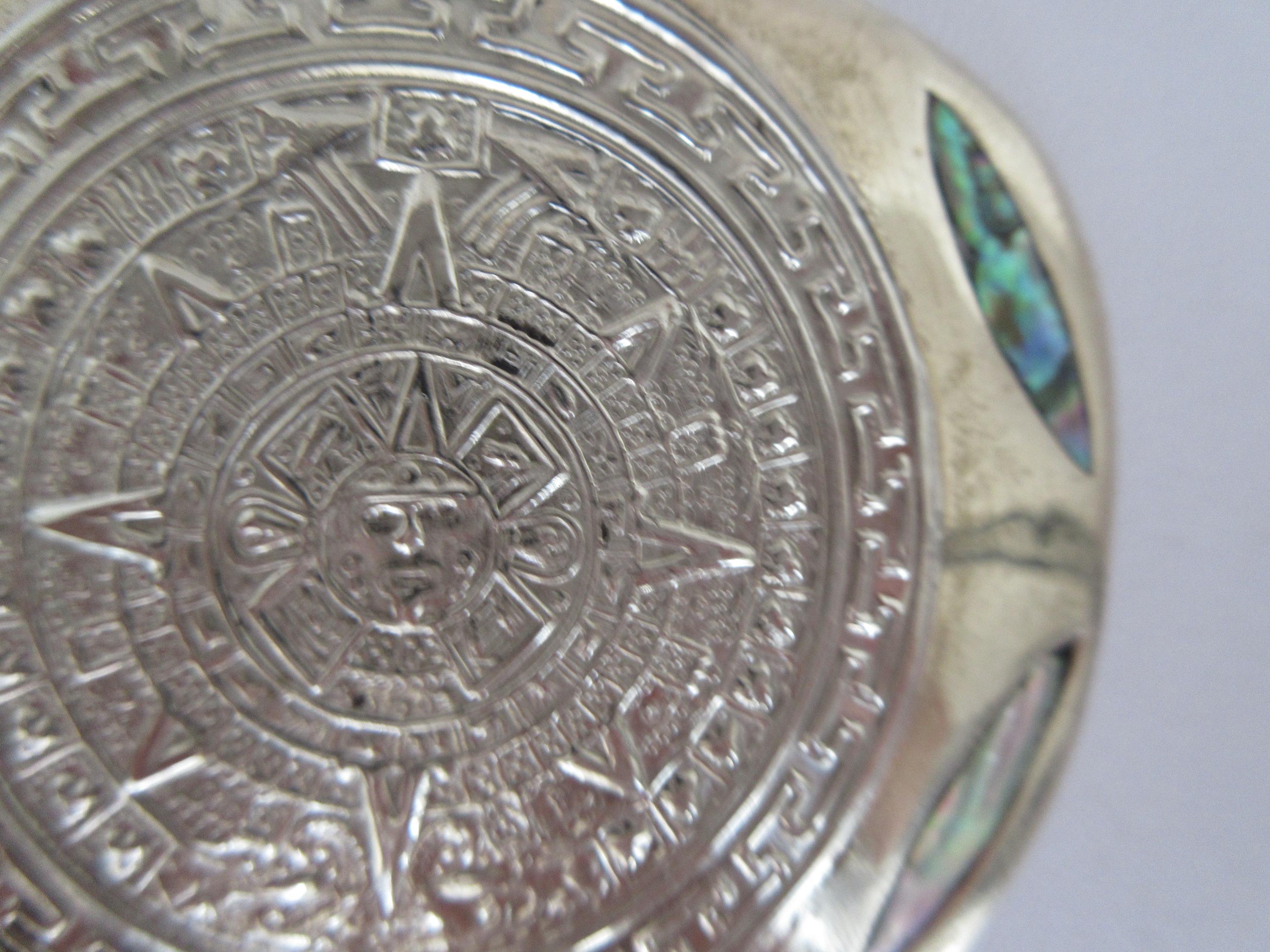 Vintage Aztec Mayan Calendar Sun Dial Abalone Inlay Belt Buckle Mexico Silver Vintage Aztec Mayan Calendar Belt Buckle: Abalone Inlay  main image 2