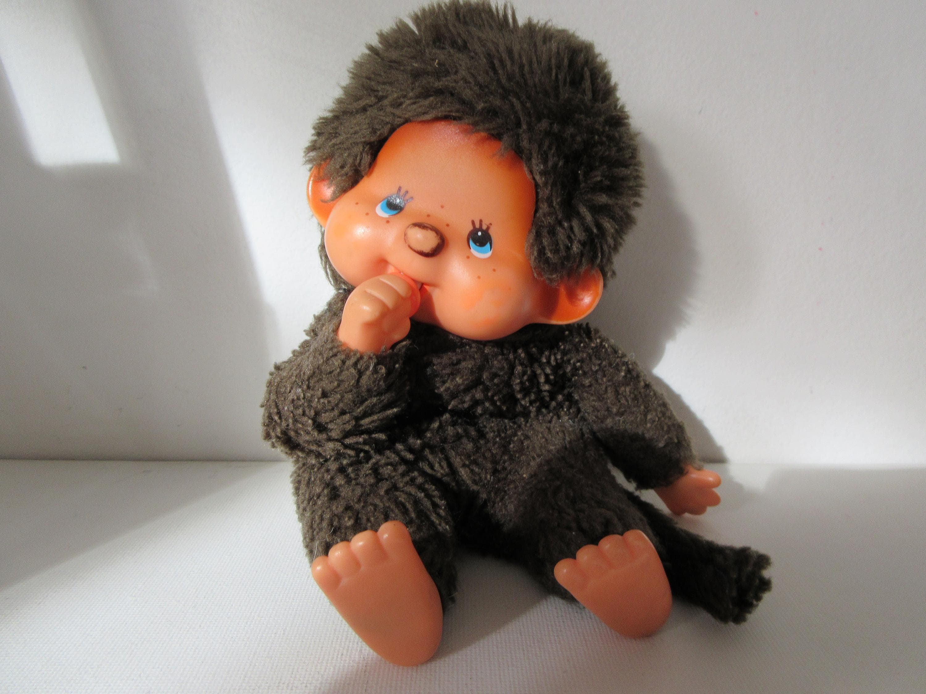 Vintage Monchhichi Monkey Figure: Blue Eyes, Pacifier Sucker (late