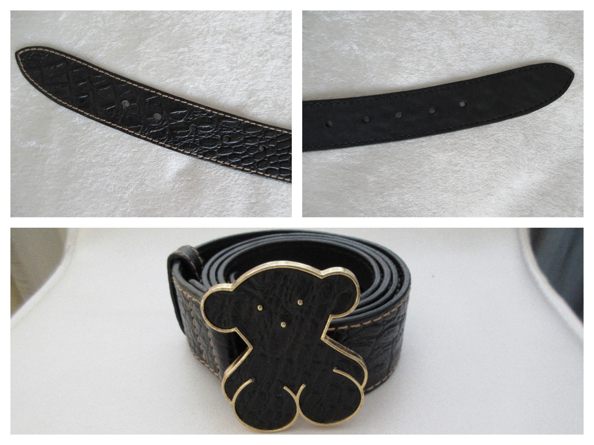 Teddy Bear Leather Belt, Stamped Croc Pattern Leather & Bear Teddy Bear Leather Belt, Stamped Croc Pattern Leather & Bear