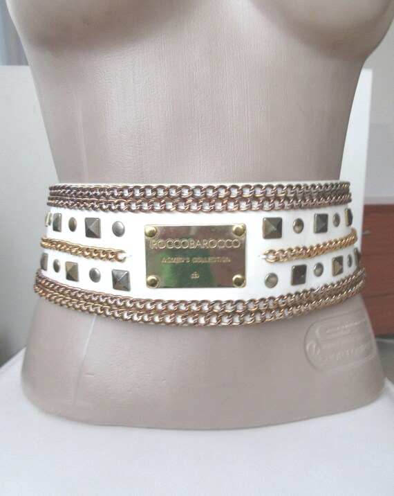 Y2K Rocco Barocco Studded Leather Belt: Rivet & Chain Design  display picture 2