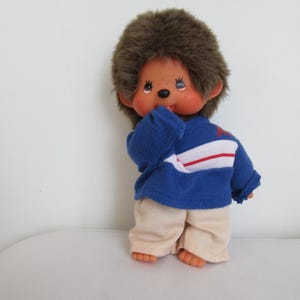 80s. Vintage Sekiguchi Collectible  MONCHICHI Pacifier Sucking Monkey Doll Authentic Dressed, 20 cm.