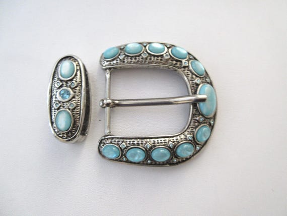 Vintage BERGE Silvery Buckle & Keeper, Jeweled Belt Buckle, Curved Convex Shape
