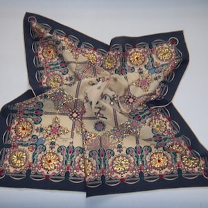 Vintage Nice Silk Scarf,Gilt Rosettes & Flower Ribbon,Full Color,Hand Rolled Edges