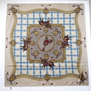 Vintage Equestrian Silk Scarf, Checkered & Horse Design, Printed Horses Saddle Harness, Beautiful Horse Lover Accessory, Rolled Hems